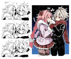 Rule 34 | 2boys, ahoge, alternate costume, astolfo (fate), black jacket, black pants, black suit, blush, braid, brown hair, couple, eating, fang, fate/apocrypha, fate (series), feeding, finger in own mouth, finger to cheek, food, food on face, formal, fur trim, gloves, hair intakes, hair ribbon, haoro, heart, jacket, long braid, looking at another, male focus, multicolored hair, multiple boys, pants, pantyhose, pink hair, red ribbon, red skirt, ribbon, scarf, sieg (fate), single braid, skirt, streaked hair, suit, translation request, trap, yaoi