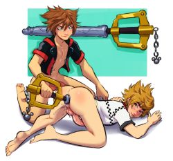 Rule 34 | 2boys, anal, anal object insertion, ass, biting, blonde hair, blue eyes, blush, bottomless, brown hair, chain, dildo, disney, eyebrows, glans, hair between eyes, jacket, keyblade, kingdom hearts, kingdom hearts iii, kneeling, looking at another, lube, lying, male focus, male penetrated, mickey mouse, multiple boys, navel, object insertion, parted lips, partially undressed, pectorals, penis, ripushko, roxas, sex toy, shiny skin, shirt, sora (kingdom hearts), spiked hair, square enix, stomach, teeth, testicles, veins, veiny penis, weapon, yaoi