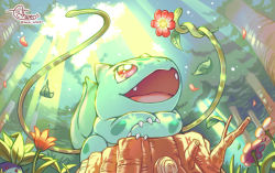 Rule 34 | :d, bright pupils, bulbasaur, claws, commentary request, creatures (company), day, falling leaves, falling petals, fangs, flower, forest, from below, game freak, gen 1 pokemon, holding, holding flower, leaf, light rays, looking up, lying, mochizuki achamo, nature, nintendo, oddish, on stomach, open mouth, outdoors, petals, pink flower, plant, pokemon, red flower, smile, tongue, tree, tree stump, vines, white pupils