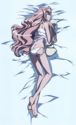 Rule 34 | 00s, 1girl, artist request, ass, barefoot, butt crack, dakimakura (medium), feet, from behind, full body, highres, legs, long hair, louise francoise le blanc de la valliere, lying, official art, panties, pink eyes, pink hair, pinup (style), see-through, side-tie panties, sleeping, soles, solo, toes, underwear, zero no tsukaima