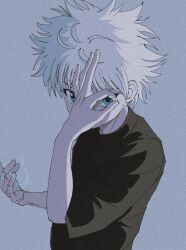 Rule 34 | 1boy, black shirt, blue eyes, child, electricity, enoki (gongindon), highres, hunter x hunter, killua zoldyck, long sleeves, looking at viewer, male focus, messy hair, ok sign, ok sign over eye, shirt, simple background, solo, spiked hair, turtleneck, upper body, white hair