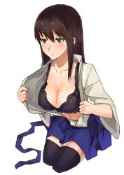 Rule 34 | 10s, 1girl, alternate hairstyle, black thighhighs, bra, breasts, brown eyes, brown hair, cleavage, collarbone, hair down, highres, japanese clothes, kaga (kancolle), kantai collection, kusanagi kaoru, large breasts, partially undressed, personification, pleated skirt, side ponytail, skirt, solo, thighhighs, transparent background, underwear, zettai ryouiki