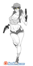 Rule 34 | 1girl, absurdres, artist name, bare legs, bare shoulders, baseball cap, belt, breasts, brown hair, cleavage, crop top, curvy, fio germi, glasses, greyscale, gun, handgun, hat, highres, jacket, jago dibuja, jumping, lips, long hair, medium breasts, metal slug, monochrome, no bra, ponytail, short shorts, shorts, simple background, thick thighs, thighs, weapon, white background, wide hips
