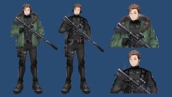 Rule 34 | 1boy, anonymous (nijisanji), belt, black bodysuit, black footwear, black gloves, blue background, bodysuit, bonnivier pranaja, boots, brown hair, commentary, english commentary, facial hair, gloves, goatee, green eyes, green jacket, gun, headset, highres, holding, holding gun, holding weapon, holster, hood, hooded jacket, jacket, knee pads, looking to the side, male focus, nijisanji, nijisanji id, official alternate costume, official art, pouch, simple background, smoke grenade, solo, tactical clothes, virtual youtuber, weapon, weapon request