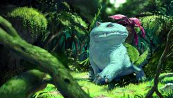 Rule 34 | blurry, blurry foreground, bulbasaur, creatures (company), day, depth of field, evolutionary line, forest, game freak, gen 1 pokemon, grass, highres, looking at viewer, moss, nature, nintendo, no humans, outdoors, pokemon, pokemon (creature), realistic, teru sakura, tree, venusaur
