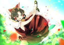 Rule 34 | 1girl, armpits, ascot, bare arms, bare shoulders, black footwear, blurry, blush, bow, breasts, brown eyes, brown hair, bush, collared dress, dress, flower, flying, frills, from behind, hair ornament, hair tubes, hakurei reimu, leaf, light, looking at viewer, looking back, meji aniki, open mouth, parted bangs, petals, red bow, red dress, red flower, red rose, rose, shoes, short hair, sky, small breasts, smile, solo, touhou, white sky, yellow ascot