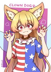 Rule 34 | 1girl, american flag dress, animal ear fluff, animal ears, blonde hair, blue nails, blush, closed mouth, clownpiece, collar, dog ears, dress, fairy, fairy wings, fang, fingernails, hair between eyes, highres, long hair, looking at viewer, multicolored clothes, multicolored dress, multicolored nails, nail polish, red eyes, red nails, shitacemayo, short sleeves, solo, star (symbol), star print, striped clothes, striped dress, touhou, twitter username, upper body, wings
