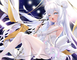 Rule 34 | 1girl, aqua eyes, ass, azur lane, blurry, commentary request, depth of field, detached sleeves, hair between eyes, hair ornament, highres, holding, holding microphone, idol, idol clothes, knees together feet apart, kokuto (kurousagi1210), le malin (azur lane), le malin (muse) (azur lane), long hair, microphone, microphone stand, music, official alternate costume, pantyhose, sidelocks, singing, sitting, solo, symbol-shaped pupils, two side up, white hair, white pantyhose