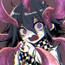 Rule 34 | 1boy, brown background, checkered clothes, checkered scarf, d:, danganronpa (series), danganronpa v3: killing harmony, hair between eyes, jacket, kuchi ~ie, long sleeves, oma kokichi, open mouth, scared, scarf, simple background, solo, sweat, tentacles