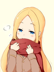 Rule 34 | 1girl, abigail williams (fate), alternate costume, beige background, blonde hair, blue eyes, blush, breath, brown jacket, closed mouth, commentary request, fate/grand order, fate (series), forehead, genjou92, hands up, highres, jacket, long hair, long sleeves, looking at viewer, parted bangs, red scarf, scarf, smile, solo