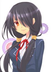 Rule 34 | 10s, 1girl, bad id, bad pixiv id, black hair, blazer, blush, closed mouth, collared shirt, date a live, hair over one eye, hairband, jacket, long hair, long sleeves, looking at viewer, red eyes, ribbon, shirt, simple background, smile, solo, tokisaki kurumi, twintails, uniform, upper body, white background, white shirt, xomoca