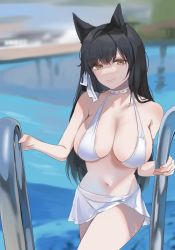 Rule 34 | 1girl, absurdres, animal ears, atago (azur lane), atago (summer march) (azur lane), azur lane, bikini, black hair, blurry, blurry background, breasts, brown eyes, choker, cleavage, cowboy shot, dolechan, hair between eyes, hair ribbon, halterneck, handle, highres, holding, large breasts, long hair, looking at viewer, navel, pool, poolside, ribbon, smile, solo, stomach, swimsuit, thighs, white bikini, white choker, white ribbon
