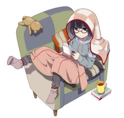 Rule 34 | 1girl, black-framed eyewear, black hair, blanket, book, closed mouth, couch, cup, glasses, green eyes, hood, hoodie, lying, mattaku mousuke, mug, on back, on couch, open book, original, reading, simple background, socks, solo, stuffed animal, stuffed toy, teddy bear, white background