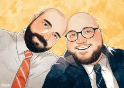 Rule 34 | 2boys, bald, bara, couple, daisukebear, facial hair, fat, fat man, glasses, happy, heads together, male focus, mature male, multiple boys, mustache, mustache stubble, necktie, original, photo-referenced, realistic, receding hairline, red necktie, round eyewear, short hair, sideburns, smile, stubble, thick eyebrows, thick mustache, upper body, yaoi