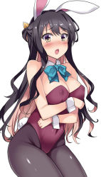 Rule 34 | 10s, 1girl, :o, adapted costume, animal ears, black hair, blush, bow, bowtie, breasts, covered erect nipples, covered navel, detached collar, fake animal ears, fang, hair ribbon, kantai collection, kusano (torisukerabasu), large breasts, leotard, long hair, looking at viewer, multicolored eyes, multicolored hair, naganami (kancolle), open mouth, pantyhose, pink hair, playboy bunny, purple eyes, purple pantyhose, rabbit ears, rabbit tail, ribbon, simple background, solo, tail, white background, wrist cuffs, yellow eyes