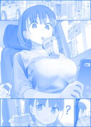 Rule 34 | 1boy, 1girl, :p, ?, ^^^, ai-chan (tawawa), bag, blue theme, braid, breasts, bubble tea, bubble tea challenge, car interior, cellphone, comic, commentary, cup, disposable cup, drinking, earrings, getsuyoubi no tawawa, himura kiseki, iphone, jewelry, large breasts, light smile, looking at viewer, looking down, milk tea, monochrome, mouth hold, object on breast, phone, plastic bag, ribbed shirt, shirt, short hair, side braid, silent comic, sitting, smartphone, solo focus, sweatdrop, tongue, tongue out, translated