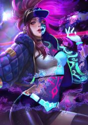 Rule 34 | 1girl, akali, baseball cap, breasts, cleavage, crop top, cropped jacket, hat, idol, jacket, k/da (league of legends), k/da akali, league of legends, looking at viewer, makeup, mask, midriff, navel, official alternate costume, open clothes, ponytail, serafleur, single thighhigh, solo, thighhighs