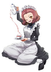 Rule 34 | 1girl, ;d, absurdres, alternate costume, apron, artist name, black dress, black footwear, blue ribbon, brown eyes, cup, dress, enmaided, girls und panzer, highres, holding, holding saucer, holding teapot, long dress, long sleeves, looking at viewer, maid, maid apron, maid headdress, mary janes, medium hair, neck ribbon, one eye closed, open mouth, pantyhose, pouring, red hair, ribbon, rosehip (girls und panzer), saucer, shoes, signature, simple background, sitting, smile, solo, tea, teacup, teapot, white apron, white background, white pantyhose, ydg (eorbsaos1004), yokozuwari