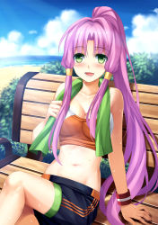 Rule 34 | 1girl, arm support, bench, blush, breasts, cloud, collarbone, day, green eyes, crossed legs, long hair, looking at viewer, medium breasts, navel, open mouth, original, pink hair, ponytail, sitting, sky, solo, stomach, sweat, tank top, tonee, towel, towel around neck, very long hair, wristband