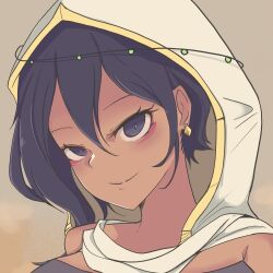Rule 34 | 1girl, armpit crease, black hair, blue eyes, brawlhalla, breasts, closed mouth, covered collarbone, cringywoomy, dark-skinned female, dark skin, earrings, egyptian clothes, eyeshadow under eye, gold earrings, hair between eyes, highres, hood, hood up, jewelry, looking at viewer, medium breasts, mirage (brawlhalla), shawl, simple background, smile, solo, wavy hair, white shawl, yellow background