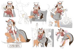 Rule 34 | 1girl, :3, :d, adapted costume, animal ears, black ribbon, breasts, commentary request, fox ears, fox girl, fox tail, fur-trimmed sleeves, fur trim, gloves, grey gloves, grey hair, grey skirt, hair ribbon, high heels, highres, huge breasts, id card, island fox (kemono friends), jacket, kemono friends, kemono friends v project, kuukiyomi: consider it, lanyard, long hair, long sleeves, mechanical pencil, multicolored clothes, multicolored hair, multicolored legwear, multiple views, office lady, open mouth, orange hair, orange pantyhose, pantyhose, pencil, pencil skirt, pleated skirt, pushing, red jacket, red vest, ribbon, shirt, short sleeves, simple background, sitting, sitting on lap, sitting on person, skirt, smile, tail, translation request, very long hair, vest, virtual youtuber, white background, white hair, white shirt, yellow eyes, yoshida hideyuki