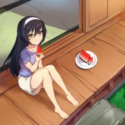 Rule 34 | 10s, 1girl, absurdres, akamoku, bad id, bad pixiv id, barefoot, black hair, blue shirt, brown eyes, casual, closed mouth, commentary, food, fruit, girls und panzer, grass, hairband, highres, holding, holding food, long hair, looking at viewer, reizei mako, shadow, shirt, short sleeves, shorts, sitting, sliding doors, smile, solo, summer, tatami, watermelon, white hairband, white shorts, wooden floor