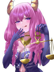 Rule 34 | 1girl, aura (sousou no frieren), black gloves, bodice, braid, breasts, cleavage, clothing cutout, commentary, demon girl, demon horns, elbow gloves, gloves, gold necklace, hair between eyes, highres, holding scale, horns, jewelry, large breasts, licking lips, long hair, looking at viewer, low-braided long hair, low-tied long hair, multiple braids, navel, navel cutout, necklace, pink hair, purple eyes, solo, sousou no frieren, tongue, tongue out, twin braids, upper body, uyufuzi s, weighing scale, white background