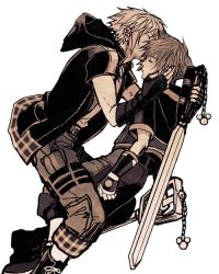 Rule 34 | 2boys, black jacket, boots, closed eyes, feet out of frame, fingerless gloves, gloves, hair between eyes, hand in another&#039;s hair, holding, holding weapon, hood, hood down, hooded jacket, jacket, keyblade, kingdom hearts, kingdom hearts iii, kissing hair, male focus, multiple boys, owlforkh, pants, pants rolled up, plaid, plaid skirt, riku (kingdom hearts), sepia, short hair, short sleeves, skirt, sora (kingdom hearts), weapon, white background, yaoi