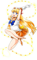 Rule 34 | 1girl, :d, aino minako, arms up, bishoujo senshi sailor moon, blonde hair, blue bow, blue eyes, bow, brooch, choker, elbow gloves, full body, gloves, hair bow, ike (eun2ke), jewelry, long hair, looking at viewer, magical girl, open mouth, orange footwear, orange skirt, pleated skirt, red bow, sailor collar, sailor venus, shoes, skirt, smile, solo, tiara, white background, white gloves, yellow bow