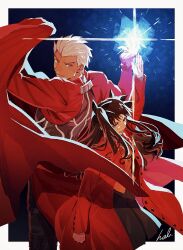 Rule 34 | 1boy, 1girl, archer (fate), black hair, black skirt, coat, fate/stay night, fate (series), from above, hair ribbon, hal (haaaalhal), highres, long coat, long hair, long sleeves, looking back, open clothes, open coat, red coat, ribbon, short hair, shrug (clothing), signature, skirt, smile, tohsaka rin, twintails, two side up, white hair