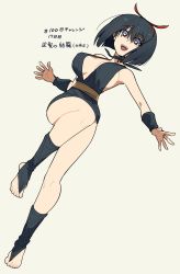 Rule 34 | 1girl, artist request, bare legs, bare shoulders, between breasts, black dress, black gloves, black hair, bob cut, breasts, cleavage, dress, fingerless gloves, gloves, hair ribbon, hairband, highres, inuyasha, jumping, large breasts, lips, lipstick, looking at viewer, makeup, no bra, no panties, open mouth, pink eyes, red ribbon, revealing clothes, ribbon, sakasagami no yura, sash, short dress, short hair, simple background, smile, solo, toes, translation request, wide hips
