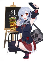 Rule 34 | 1girl, asymmetrical bangs, black thighhighs, burger, cellphone, commentary, edenland, english commentary, english text, food, girls&#039; frontline, highres, holding, holding phone, low twintails, menu board, miniskirt, phone, red skirt, selfie, silver hair, skirt, smartphone, solo, spas-12 (girls&#039; frontline), thigh strap, thighhighs, twintails, v