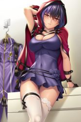 Rule 34 | 1girl, absurdres, arm at side, arm behind head, arm up, black hair, black ribbon, blush, breasts, cape, cleavage, closed mouth, collarbone, commentary request, covered navel, cowboy shot, dress, eyelashes, god eater, hair between eyes, half-closed eyes, head tilt, highres, hood, hood up, hooded cape, kisaragi sera, lace, lace-trimmed legwear, lace trim, leg ribbon, legs together, looking at viewer, medium breasts, medium hair, multicolored hair, orange eyes, original, panties, pantyshot, purple dress, purple hair, purple panties, reclining, red cape, red eyes, ribbon, short dress, sleeveless, sleeveless dress, solo, standing, thigh strap, thighhighs, two-tone hair, underwear, upskirt, watanuki kaname, white thighhighs, wrist cuffs