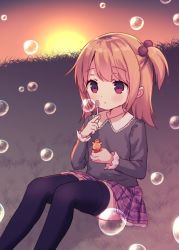 Rule 34 | 1girl, bad id, bad twitter id, black shirt, black thighhighs, blush, brown hair, bubble, blowing bubbles, chitosezaka suzu, collared shirt, commentary request, feet out of frame, hair bobbles, hair ornament, holding, long hair, long sleeves, looking away, on grass, one side up, original, outdoors, pleated skirt, purple skirt, red eyes, shirt, sitting, skirt, sky, solo, sunset, thighhighs