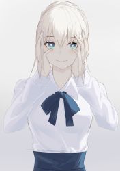 Rule 34 | 1girl, absurdres, arms up, artoria pendragon (all), artoria pendragon (fate), blonde hair, blue eyes, blue ribbon, blue skirt, blush, braid, collared shirt, empty eyes, fate/stay night, fate (series), gradient background, grey background, hands on own cheeks, hands on own face, heart, heart-shaped pupils, highres, long sleeves, looking at viewer, neck ribbon, parted lips, ribbon, saber (fate), shirt, short hair, skirt, smile, solo, symbol-shaped pupils, unscpro, upper body, white shirt