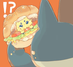 Rule 34 | !?, akadako, animal focus, blue eyes, burger, cheek bulge, cheese, chewing, closed mouth, creatures (company), crumbs, eating, extra eyes, food, food bite, food on face, from behind, game freak, gen 4 pokemon, gen 5 pokemon, holding, holding food, in food, joltik, lettuce, looking at another, meat, munchlax, nintendo, no humans, one-hour drawing challenge, orange background, pokemon, pokemon (creature), sesame seeds, simple background, surprised, tomato