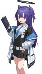 Rule 34 | 1girl, absurdres, belt, black halo, black shirt, black skirt, blue archive, blue necktie, collared shirt, hair intakes, hair ornament, halo, hand on own hip, highres, jacket, light blush, long hair, long sleeves, looking at viewer, name tag, necktie, open clothes, open jacket, orb 6, pleated skirt, pocket, purple eyes, purple hair, shirt, short twintails, simple background, skirt, solo, standing, teeth, twintails, upper teeth only, white background, white belt, white jacket, yuuka (blue archive)