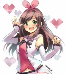 Rule 34 | 1girl, :d, alternate eye color, arm up, arm warmers, artist name, bow, brown hair, chiiririn, green eyes, hair bow, hairband, hand up, heart, highres, kizuna ai, kizuna ai inc., lace-trimmed sleeves, lace trim, long hair, looking at viewer, multicolored hair, open mouth, pink bow, pink hair, sailor collar, signature, smile, solo, streaked hair, swept bangs, teeth, upper body, virtual youtuber, waving, white background