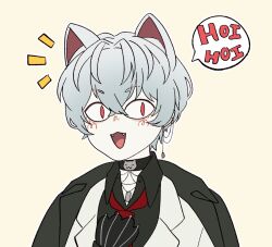 Rule 34 | 1boy, :d, animal ears, black choker, black shirt, cat ears, choker, collared shirt, commentary, crossed bangs, ear piercing, english commentary, english text, facial mark, fangs, furuyawn, grey hair, hair between eyes, hand on own chest, highres, jewelry, lapels, male focus, necklace, necktie, nexas (vtuber), notched lapels, nyantsume, open mouth, piercing, red eyes, red necktie, shirt, smile, solo, speech bubble, tongue, vest, virtual youtuber, white vest, yellow background