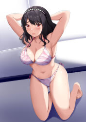 Rule 34 | 1girl, absurdres, ahim de famille, arms behind head, barefoot, bikini, black hair, breasts, cleavage, commission, full body, hairband, highres, kaizoku sentai gokaiger, kneeling, large breasts, medium breasts, pandacross, pixiv commission, red eyes, solo, striped bikini, striped clothes, super sentai, swimsuit