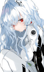 Rule 34 | 1girl, aano (10bit), absurdres, alternate hair length, alternate hairstyle, ayanami rei, blue hair, blush, bodysuit, breasts, closed mouth, evangelion: 3.0+1.0 thrice upon a time, from side, hair ornament, highres, knees up, long hair, looking at viewer, looking to the side, medium breasts, neon genesis evangelion, plugsuit, rebuild of evangelion, red eyes, simple background, sitting, smile, solo, very long hair, wavy hair, white background, white bodysuit
