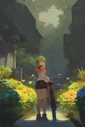 Rule 34 | 1girl, ass, bicycle, bike shorts, brown eyes, building, flower, from behind, green hair, headphones, highres, jacket, looking at viewer, looking back, medium hair, mouth hold, natsumoka, off shoulder, original, outdoors, snail, solo, standing