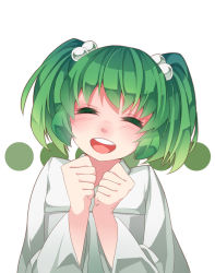 Rule 34 | 1girl, ^ ^, blush, clenched hands, closed eyes, colored eyelashes, green hair, hair bobbles, hair ornament, hand up, happy, head tilt, highres, japanese clothes, kimono, kisume, nomu (29 nom), open mouth, polka dot, short hair, simple background, smile, solo, touhou, twintails, upper body, white background