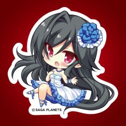 Rule 34 | 1girl, black hair, blue flower, blue ribbon, blue rose, blush, bracelet, breasts, chibi, cleavage, colored eyelashes, company name, dress, eyes visible through hair, floating hair, flower, frilled dress, frills, hair between eyes, hair flower, hair ornament, hand on own chest, hands up, jewelry, kin-iro loveriche, knees together feet apart, leg ribbon, long hair, looking afar, necklace, official art, open mouth, pearl necklace, picpicgram, red background, red eyes, ribbon, rose, sidelocks, simple background, single hair intake, sitting, solo, souma ria, strapless, strapless dress, tsurime, very long hair, white dress
