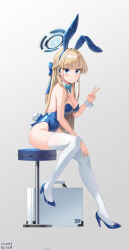 Rule 34 | 1girl, absurdres, animal ears, blonde hair, blue archive, blue bow, blue bowtie, blue eyes, blue footwear, blue hair, blue halo, blue leotard, blush, bow, bowtie, braid, breasts, cleavage, closed mouth, covered navel, detached collar, fake animal ears, halo, high heels, highres, leotard, long hair, lu b, medium breasts, multicolored hair, official alternate costume, playboy bunny, rabbit ears, simple background, solo, strapless, strapless leotard, streaked hair, thighhighs, toki (blue archive), toki (bunny) (blue archive), v, white background, white thighhighs, wrist cuffs