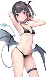 Rule 34 | 1girl, armpits, arms up, bikini, black bikini, black hair, blush, bra, bra lift, breasts, character request, check character, demon girl, demon tail, demon wings, hair ornament, highres, legwear garter, looking at viewer, low wings, multicolored hair, navel, original, pink hair, red eyes, simple background, small breasts, swimsuit, tail, takashina masato, thigh strap, thighhighs, two-tone hair, underwear, wings