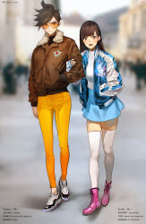 Rule 34 | 2girls, absurdres, adapted costume, air jordan, air jordan 11, alternate costume, animal print, arm hug, artist name, blue skirt, blurry, bodysuit, bomber jacket, boots, brown eyes, brown hair, brown jacket, casual, character name, d.va (overwatch), depth of field, ear piercing, fashion, fingernails, full body, fur-trimmed jacket, fur collar, fur trim, glasses, green eyes, hand in pocket, hand on another&#039;s arm, high-waist skirt, high collar, highres, jacket, long hair, long sleeves, looking at viewer, multiple girls, nail polish, nike (company), open mouth, overwatch, overwatch 1, pants, piercing, pink footwear, pink nails, rabbit print, shoes, short hair, skirt, smile, spiked hair, standing, sunglasses, thighhighs, tracer (overwatch), turtleneck, white legwear, yd (orange maru), yellow pants, zettai ryouiki