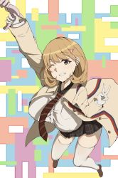 Rule 34 | 10s, 1girl, arm up, breasts, brown eyes, brown hair, energy gun, foodtoyc, grin, hair ornament, hairclip, heart, heart hair ornament, highres, huge breasts, legs, looking at viewer, matching hair/eyes, narusawa ryouka, necktie, occultic;nine, one eye closed, pink thighhighs, plaid, plaid skirt, ray gun, shoes, short hair, skirt, smile, solo, thighhighs, thighs, v, weapon