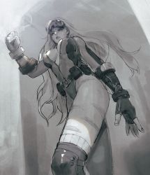 Rule 34 | 1girl, alternate costume, arm at side, belt, belt pouch, boots, braid, breasts, cammy white, camouflage, cleavage, clenched hand, closed mouth, female focus, fingerless gloves, from below, frown, gloves, goggles, goggles on head, greyscale, highres, knee pads, large breasts, leotard, long hair, monochrome, nax, pouch, ribbed legwear, scar, sketch, sleeveless, smoke, solo, street fighter, street fighter v, very long hair, walking