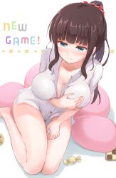 Rule 34 | 10s, 1girl, aqua eyes, barefoot, blush, breast hold, breasts, brown hair, candy, candy wrapper, checkerboard cookie, cleavage, closed mouth, collarbone, collared shirt, cookie, copyright name, covering breasts, covering crotch, covering privates, dress shirt, english text, eyebrows, food, grabbing own breast, hair ornament, hair scrunchie, highres, large breasts, long hair, maeshimashi, medium breasts, mole, mole on breast, naked shirt, new game!, ponytail, scrunchie, shirt, sitting, sketch, solo, takimoto hifumi, wavy mouth, white shirt, wing collar, wrapped candy